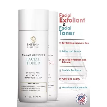 INFINA ESSENTIALS Face Exfoliator & Toner for Face, Big 8 fl oz Each - Revitalizing Facial Toner & Pore Reducing BHA Liquid Exfoliant - Optimal Facial Skin Care Products for Women
