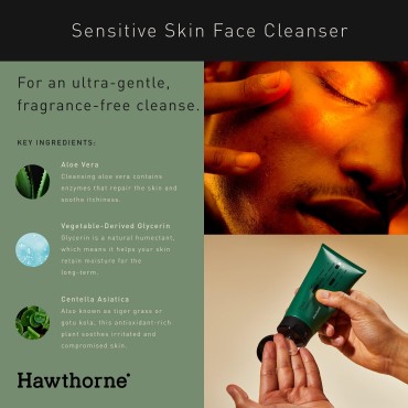 Hawthorne Natural Gentle Face Wash Cleanser for Men, Lightly Foaming Moisturizing Formula to Remove Dirt Without OverDrying, with Aloe Vera and Soothing Centella Asiatica, For Dry, Sensitive Skin, 4oz