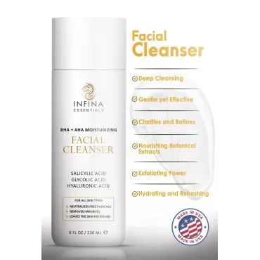INFINA ESSENTIALS Hydrating Facial Cleanser, Big 8 fl oz - Non-Foaming Gentle AHA BHA Cleanser with Hyaluronic Acid & Antioxidants - for All Skin Types