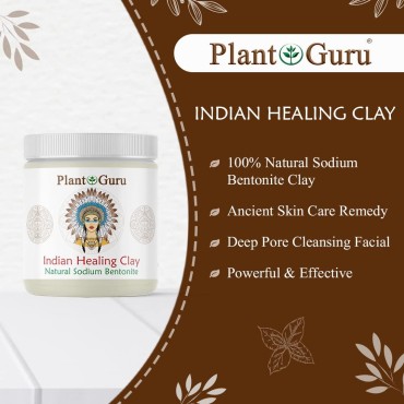 Plant Guru Indian Healing Clay 1 lb. - 100% Natural Sodium Bentonite Clay Powder - Deep Pore Cleansing Facial And Body Mask - Detox Clay for Face, Hair, Acne, and Bath.