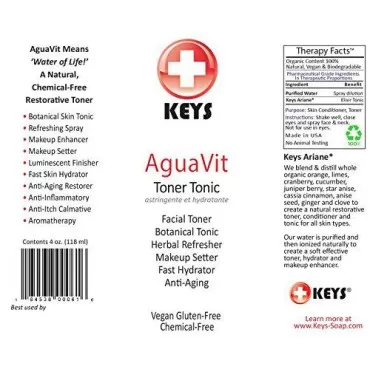 Keys AguaVit All Natural, Chemical-Free, Organic Vegan Botanical Restorative Toner Tonic, Spray Refresher, Fast Skin Hydrator, Makeup Setter, Light Fresh Aromatherapy, 4 ounces