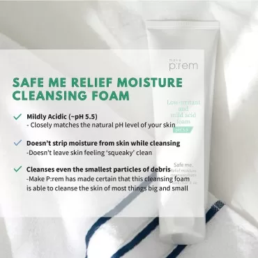 MAKEPREM Safe Me Relief Moisture Cleansing Foam Non-Stripping 5 Oz Hydrating Gentle Calming Foaming Cleanser Sensitive Acne-Prone Mature Dry Skin Face Wash pH 5.5 Sub-Acidic Age-Defying Chemical Free