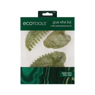 EcoTools Limited Edition Gua Sha Kit, Scalp, Body, & Face Jade Stone Gua Shas, Sculpt, Depuff, & Massage, 3 Piece Gift Set