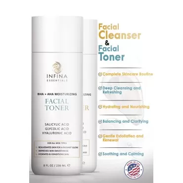 INFINA ESSENTIALS Face Cleanser and Facial Toner, Big 8 fl oz Each, Skincare Beauty Duo Kit for Women with Salicylic Acid, Glycolic Acid & Natural Extracts - Optimal Skin Care