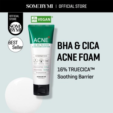 SOME BY MI AHA BHA PHA 30 Days Miracle Acne Clear Foam - 3.38Oz, 100ml - Made from Tea Tree Leaf Water for Acne Prone Skin - Daily Face Cleanser for Removing Sebum and Dead Cells - Korean Skin Care