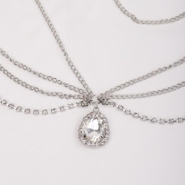 Xerling Boho Rhinestone Halloween Head Chain Crystal Teardrop Headpiece for Bridal Wedding Layered Tennis Chain Head Accessories for Women (Silver)