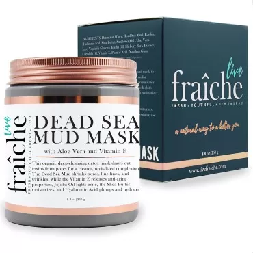 Live Fraiche Organic Dead Sea Mud Mask Facial & Body Cleanser- 8.8oz -Fight breakouts acne blackheads & Reduce Pores/Lines/Wrinkles - pure & natural to tighten & tone see clearer brighter younger skin
