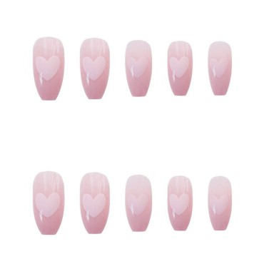 Xerling Fancy Glossy Full Cover Soft Pink Heart Coffin Acrylic Fake Nails Tips Cute for Women and Girls Baby Pink Party Salon Press on Acrylic False Nails with Design 24Pcs
