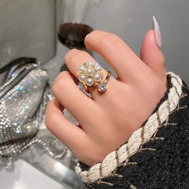 Aimimier Bridal Pearl Flower Index Finger Ring Vintage Adjustable Crystal Knuckle Ring Wedding Jewelry for Women and Girls