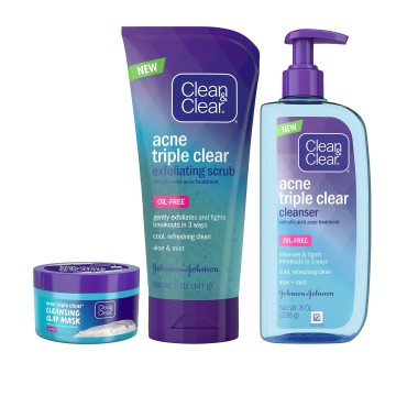 Clean & Clear Acne Triple Clear Cleansing Clay Acne Face Mask with Natural Clay, Aloe, Mint, Glycerin Skin Conditioner, and Salicylic Acid Acne Treatment to Fight Breakouts, Oil-Free, 3.5 oz (3 Pack)
