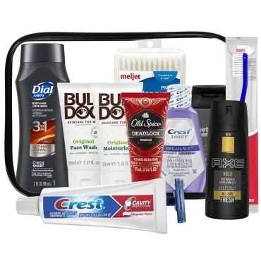 Mens Travel Toiletries Kit, Travel Bag of Hygiene Essentials for Bath, Shaving and Personal Care, 12 Mini TSA approved items in Reusable Zipper Bag, Stocking Stuffer, Travel, Business, Gifts & Charity