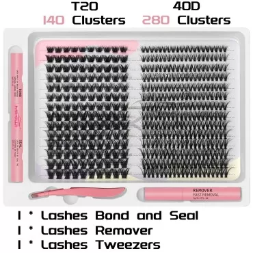 Lash Extension Kit 420pcs 2 Styles Individual Lashes Clusters with Bond and Seal, Lash Glue Remover, Lash Applicator Tool