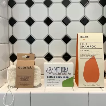 MightyNest Bath & Body Plastic Free Shower Set | HiBar Volumize Shampoo Bar, Travel Size, Color Safe, Zero Waste | Lemongrass Bar Soap | Compostable Konjac Body Sponge | Zero Waste and Vegan