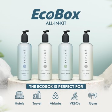 1-Shoppe Aquavera 20 Piece Ecobox All-In-Kit | White Tea and Coconut Soap | 6 Shampoo, 4 Conditioner, 6 Body Wash & 4 Lotion | 10.14oz Hotel Soaps and Toiletries Bulk | Personal Care Products