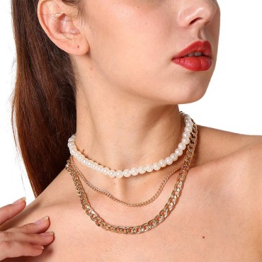 Aimimier Bridal Layered Pearl Choker Necklace Chun...