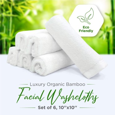 Ellie Cove Luxury Organic Bamboo Facial Washcloths, Makeup Remover, Reusable Absorbent, Gentle for Delicate Sensitive Skin, Set of 6, 10''x10''