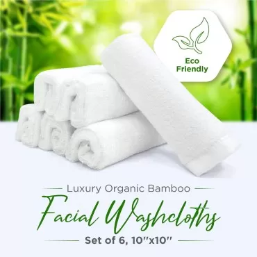 Ellie Cove Luxury Organic Bamboo Facial Washcloths, Makeup Remover, Reusable Absorbent, Gentle for Delicate Sensitive Skin, Set of 6, 10''x10''