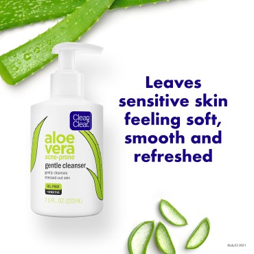 Clean & Clear Aloe Vera Gentle Facial Cleanser for Acne-Prone & Sensitive Skin, Oil-Free Daily Face Wash with Aloe Vera, Vegan, No Animal Testing, Paraben-, Soap- & Dye-Free, 7.5 fl. oz