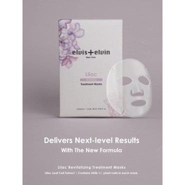 elvis+elvin Lilac Revitalizing Treatment Mask (4 pieces box), Plant Cell Extract, Hydrating Essence Sheet Mask, for All Skin Types, Revitalizing, Hydrating, Reduces breakouts, Controls skin redness, Balances sebum production, Anti-inflammatory With No Har