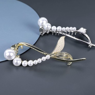 Rhinestone Pearl Hair Clips, 2 Pack Metal Hair Bar...