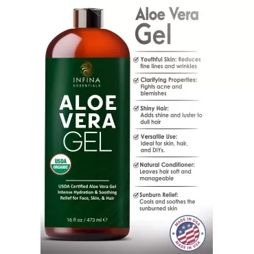 INFINA ESSENTIALS Pure Aloe Vera Gel for Skin, Face & Hair - Unscented, Soothing Moisturizer for Sunburn Relief - Nourishing Care for All Skin Types - 16 fl oz
