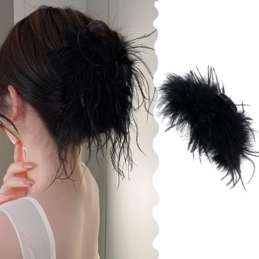 2Pcs Artificial Ostrich Feathers Hair Claw Clips Strong Hold Nonslip Hair Jaw Clips Barrettes Hairgrip Clamp Hair Styling Accessories for Girls Women Ladies, Black and White