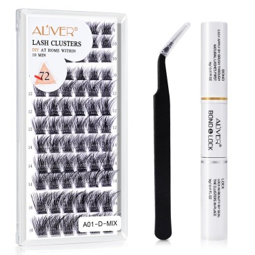 DIY Lash Extension Kit - Individual Lash Clusters 72pcs, D Curl Eyelash Extension Kit 30D 40D,8-16mm Mix Lash Clusters with Strong Hold Lash Bond and Seal Tool and lash tweezers