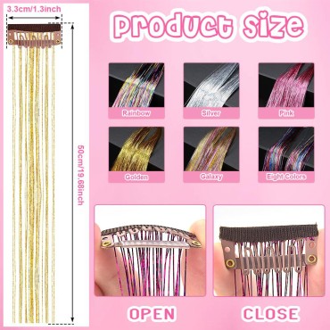 Gosuoa Pack of 8 Pcs Hair Tinsel Clip in, 19.6 Inch Heat Resistant Tinsel Hair Extensions Clip in, Gold Hair Tinsel, Sparkle Fairy Hair Tinsel Kit for Women Girls Hair Accessories(Golden)