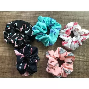 Lurrose 5pcs Flamingo Prints Hair Scrunchies Elastic Hair Bands Scrunchy Bobbles Bohemian Style Hair Rope Band for Women Girls (Navy + Pink + Black + White + Blue)