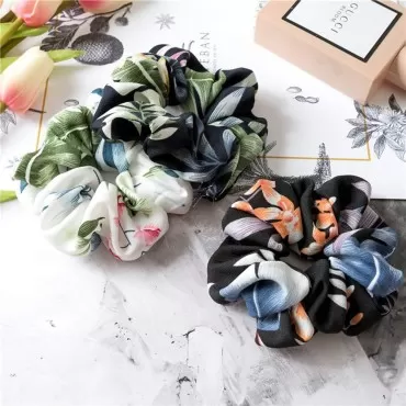 Lurrose 3 Pcs Kawaii Hair Scrunchies Cute Hair Scrunchies Elastic Hair Bands Flower Prints Floral Hair Scrunchies Hair Rope Band for Women Girls (White + Black + Navy)