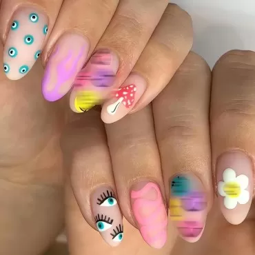 IMSOHOT Almond Press on Nails Medium Matte Fake Nails Stiletto Face False Nails with Designs Full Cover Acrylic Nails Colorful Graffiti Cute Glue on Nails for Women and Girls 24pcs