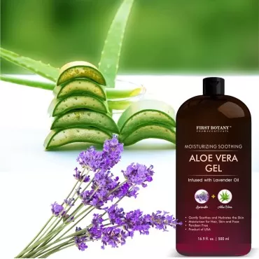 First Botany Pure Aloe vera gel - with 100% Fresh & Pure Aloe Infused with Lavender Oil - Natural Raw Moisturizer for Face, Skin, Body, Hair. Perfect for Sunburn, Acne, Razor Bumps 16.9 fl oz
