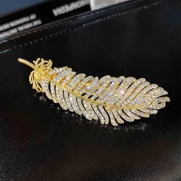 YienDoo Crystal Feather Hair Clip Barrette Gold Sp...