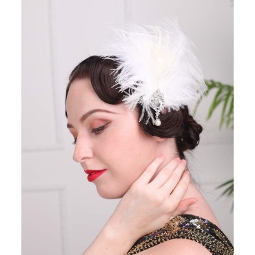 Aimimier 1920s Flapper White Feather Headpiece Crystal Pendant Hair Clip Roaring 20s Feather Accessories Masquerade Gatsby Hair Jewelry for Women and Girls