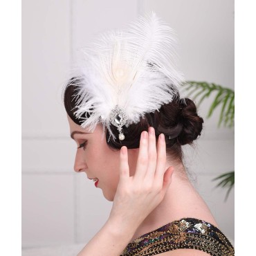 Aimimier 1920s Flapper White Feather Headpiece Crystal Pendant Hair Clip Roaring 20s Feather Accessories Masquerade Gatsby Hair Jewelry for Women and Girls