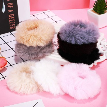 16 Pieces Fur Hair Scrunchies Rabbit Furry Hair Ti...