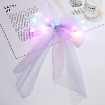 Jeairts LED Bow Clip Glowing Rainbow Veil Wedding Hair Piece Barrette Colorful Tulle Bow with Clips Bachelorette Party Hair Accessories for Women and Girls