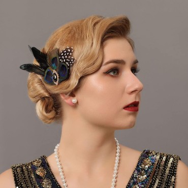GORTIN Peacock Feather Hair Clip 1920s Flapper Headpiece Great Gatsby Feather Headbands Rhiestones Art Deco Head Pin Roaring 20s Headwear Party Flapper Hair Accessories For Women and Girls (Type A)
