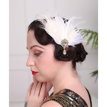 Aimimier Bridal 1920s Flapper Feather Hair Clip Crystal Teardop White Feather Roaring 20s Headpiece Prom Party Festival Gatsby Hair Jewelry for Women and Girls