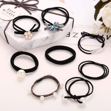 Outyua Black Elastic Hair Scrunchies Flower Pearl ...