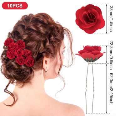 PAGOW 10pcs Rose Hair Clips, Pin Up Rose Flowers Hairpin Clips, Rose Flower Brooch Headpieces, For Women Girl Wedding Valentine Decoration ( Rose Diameter 1.5 inch / 38mm)