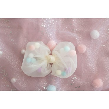 Summer Crystal 2Pcs Tulle Pompons Large Bow Hair Clips - For Girls and Women - Stylish Hair Accessory for Birthdays, Daily Wear, Holidays, and Parties (2Pcs BW Pompons)