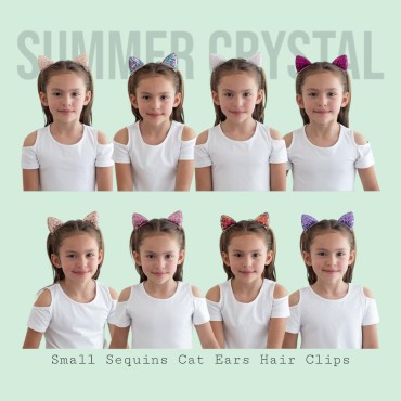 Summer Crystal 8Pcs Sequins Cat Ears Hair Clips - For Girls and Women - Kitty Ears Clips - Stylish Hair Accessory for Birthdays, Costumes, Halloween, Holidays, and Parties (4 Pairs CFHL)