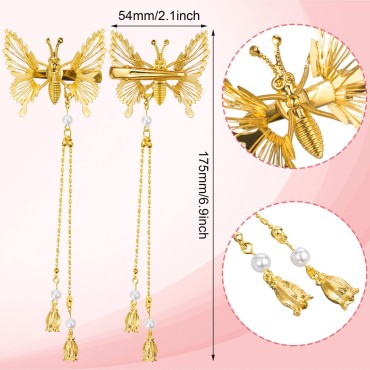 PAGOW 4pcs Elegant Tassel Butterfly Hairpin alligator clip- Antique Side Clip Will Move Wedding Party Metal Long Hair Adornment for Women Girl Bridal Bridesmaid (Gold and Silver,4PCS)