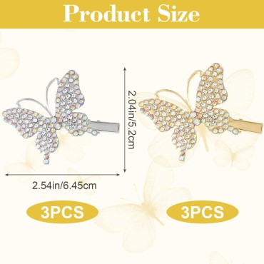 PAGOW 6PCS Butterfly Hair Clips Rhinestone Barrettes Crystal Metal Alligator Bobby Pins Accessories for Women Girls (Gold,Sliver)