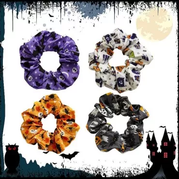 Halloween Hair Ties Pumpkin Head Spider Web Bat Skull Head Candy for Women Girls Ghost Hair Scrunchies Elastics Hair Bands Cartoon Spider Bat Halloween Accessories for Women Girls 4Pcs