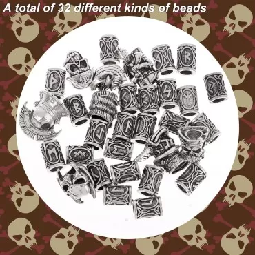 craftshou 32 Pieces Viking Beard Beads Norse Runes Hair Beads Pirate Skull Dreadlocks Bead for Jewelry Bracelets Pendant Necklace DIY Braiding Hair Braids