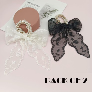 Lace Hair Bow Scrunchies Pearl Hair Scarf Scrunchi...
