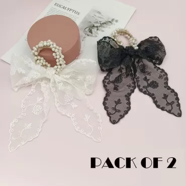 Lace Hair Bow Scrunchies Pearl Hair Scarf Scrunchie Ribbon Hair Ties Cute Floral Scrunchy Holder Hair Band Tails Knotted Bowknot Scrunchie for Women (Lace Ribbon Scrunchies 2pcs)