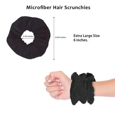 Generic 3 Pieces Microfiber Hair Drying Towels Scrunchies Large Soft Super Absorbent Thick Fuzzy Scrunchy Anti Frizz Elastic Hair Ties Bobbles Ropes Ponytail Holder for Wet Dry Hair Black